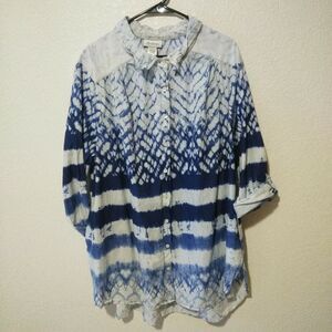 CW Classics Blouse Size 3X Cotton Button Up Pockets Tie Dye Blue